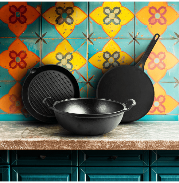 Cast Iron Master Chef Combo with Roti Tawa (26 Centimeter) + Triton Kadhai (22 Centimeter) + Triton Grill Pan (25 Centimeter) 