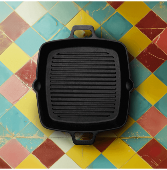 Triton Edition Cast Iron Grill (24 Centimeter), Non-stick Griddle Pan, Barbeque, Tandoori, Raised Edges, 100% Natural, Pre-seasoned, Induction Compatible, 2.7 kgs, 24 Centimeter, 1.5 ltrs