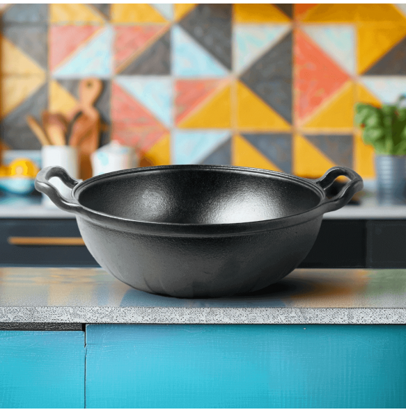 Triton Edition Cast Iron Kadhai (20 Centimeter), Non-stick, Heavy Base, 100% Natural, Pre-seasoned, Induction Compatible, 1.8 kgs, 20 Centimeter, 1.6 ltrs