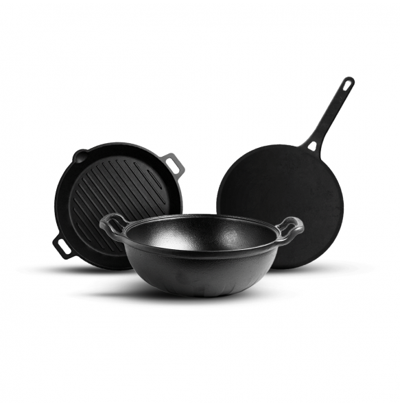 Cast Iron Master Chef Combo with Roti Tawa (26 Centimeter) + Triton Kadhai (22 Centimeter) + Triton Grill Pan (25 Centimeter) 